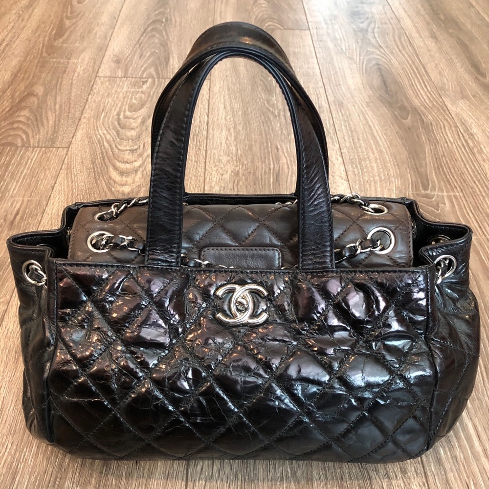 CHANEL AGED CALFSKN QUILTED BOWLER STYLE TOTE BAG